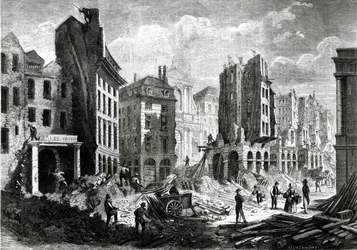 A Boulevard de Sebastopol (ma Boulevard du Palais) építése a Második Birodalomban. Kilátás a Rue de la Barillerie lebontására 1859-ben, kocsma. írta Henry Duff Linton (1815-99) (metszet